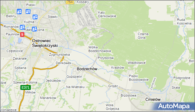 mapa Przyborów gmina Bodzechów, Przyborów gmina Bodzechów na mapie Targeo