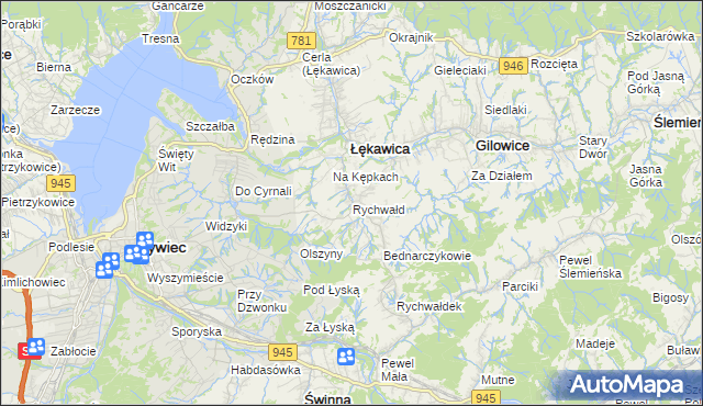 mapa Rychwałd gmina Gilowice, Rychwałd gmina Gilowice na mapie Targeo