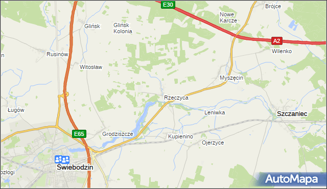 mapa Rzeczyca gmina Świebodzin, Rzeczyca gmina Świebodzin na mapie Targeo