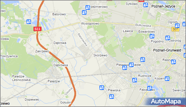 mapa Skórzewo gmina Dopiewo, Skórzewo gmina Dopiewo na mapie Targeo