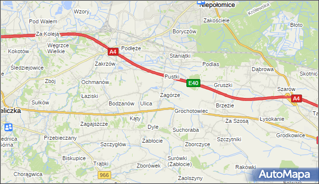 mapa Zagórze gmina Niepołomice, Zagórze gmina Niepołomice na mapie Targeo