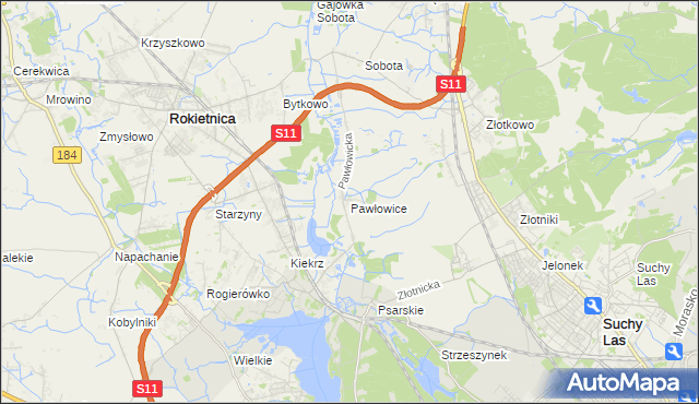 mapa Pawłowice gmina Rokietnica, Pawłowice gmina Rokietnica na mapie Targeo