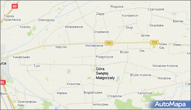 mapa Podgórzyce gmina Góra Świętej Małgorzaty, Podgórzyce gmina Góra Świętej Małgorzaty na mapie Targeo