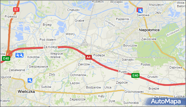 mapa Podłęże gmina Niepołomice, Podłęże gmina Niepołomice na mapie Targeo