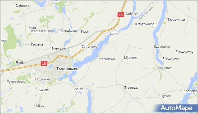 mapa Popielewo gmina Trzemeszno, Popielewo gmina Trzemeszno na mapie Targeo