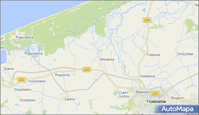 mapa Włodarka gmina Trzebiatów, Włodarka gmina Trzebiatów na mapie Targeo