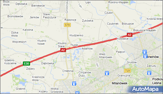 mapa Adamów gmina Grodzisk Mazowiecki, Adamów gmina Grodzisk Mazowiecki na mapie Targeo