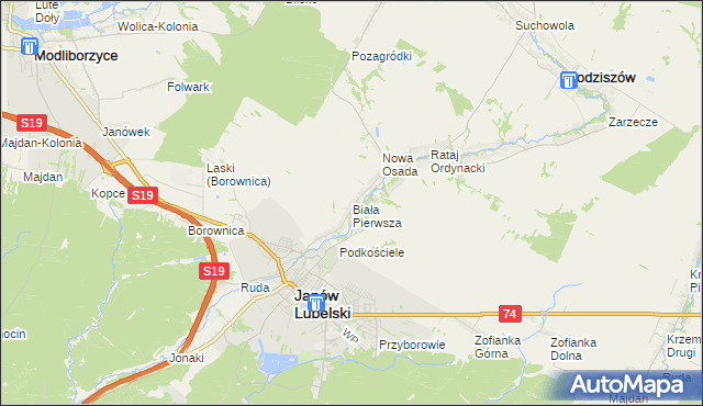 mapa Biała Pierwsza gmina Janów Lubelski, Biała Pierwsza gmina Janów Lubelski na mapie Targeo