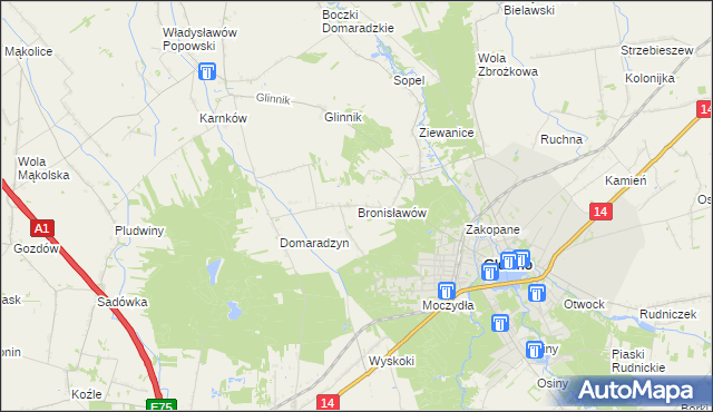 mapa Bronisławów gmina Głowno, Bronisławów gmina Głowno na mapie Targeo