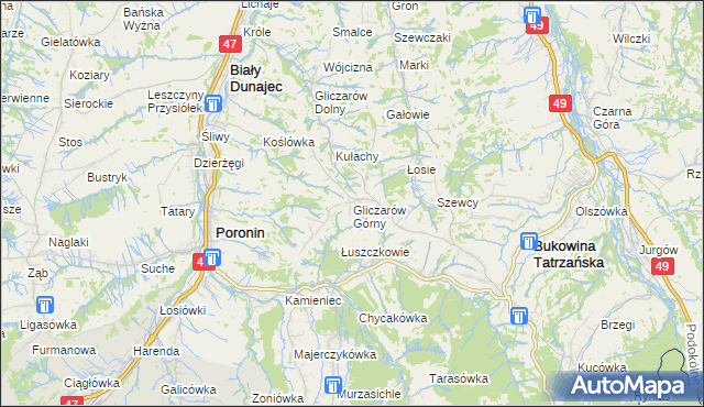 mapa Gliczarów Górny, Gliczarów Górny na mapie Targeo