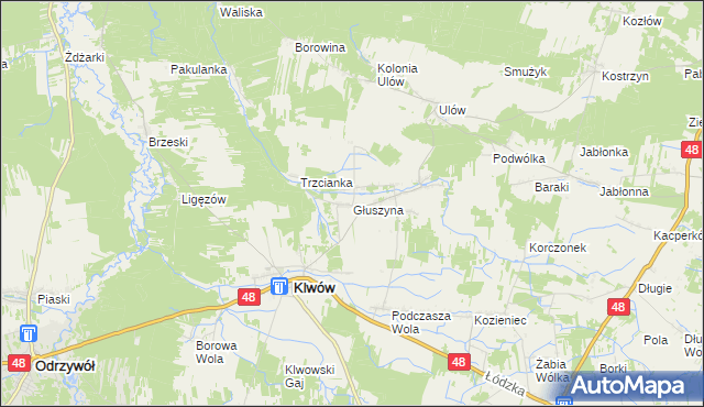 mapa Głuszyna gmina Klwów, Głuszyna gmina Klwów na mapie Targeo