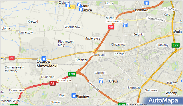 mapa Jawczyce gmina Ożarów Mazowiecki, Jawczyce gmina Ożarów Mazowiecki na mapie Targeo