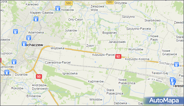 mapa Kożuszki-Parcel, Kożuszki-Parcel na mapie Targeo