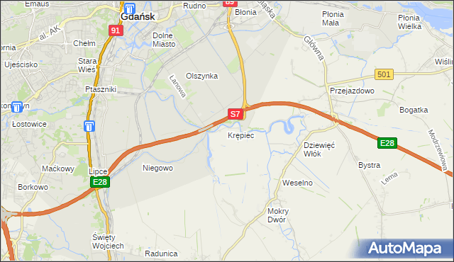 mapa Krępiec gmina Pruszcz Gdański, Krępiec gmina Pruszcz Gdański na mapie Targeo