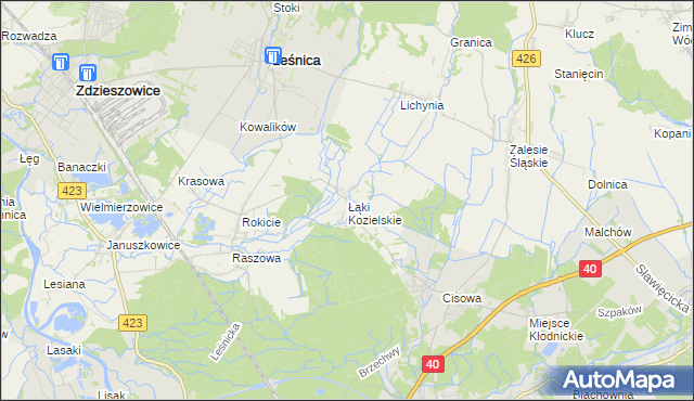 mapa Łąki Kozielskie, Łąki Kozielskie na mapie Targeo