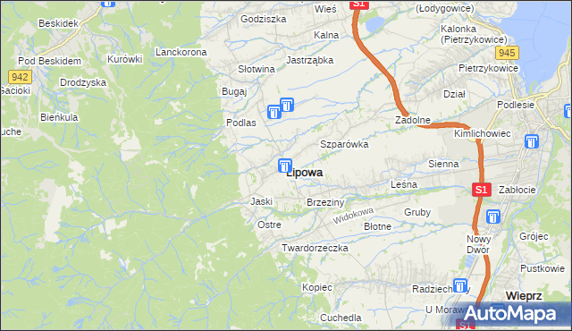 mapa Lipowa powiat żywiecki, Lipowa powiat żywiecki na mapie Targeo