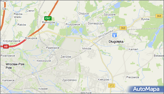 mapa Mirków gmina Długołęka, Mirków gmina Długołęka na mapie Targeo