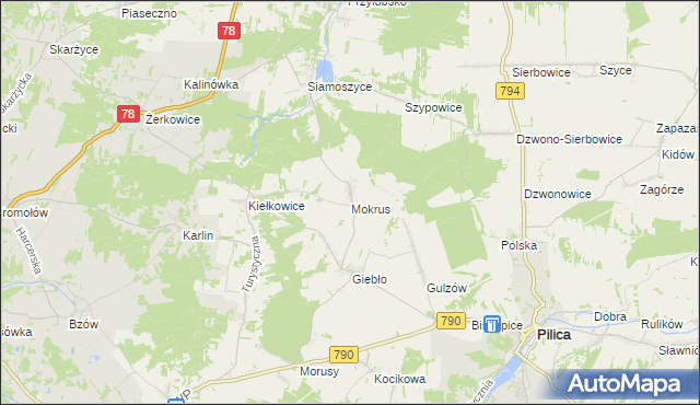 mapa Mokrus gmina Ogrodzieniec, Mokrus gmina Ogrodzieniec na mapie Targeo