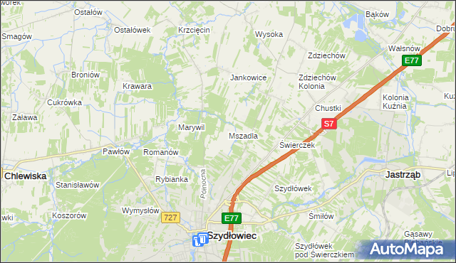 mapa Mszadla gmina Szydłowiec, Mszadla gmina Szydłowiec na mapie Targeo
