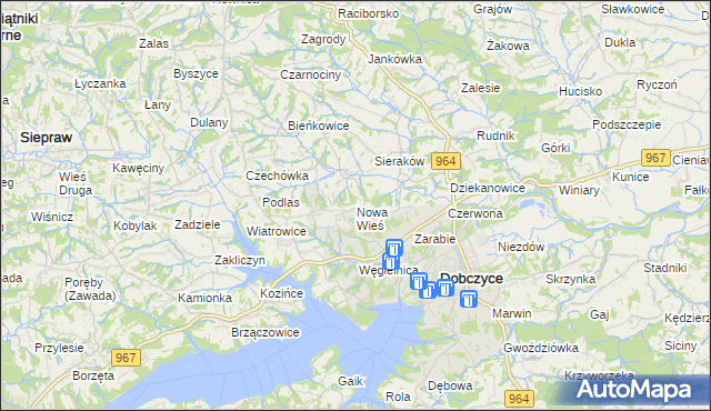 mapa Nowa Wieś gmina Dobczyce, Nowa Wieś gmina Dobczyce na mapie Targeo