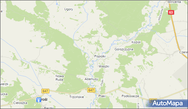 mapa Popiołki gmina Turośl, Popiołki gmina Turośl na mapie Targeo