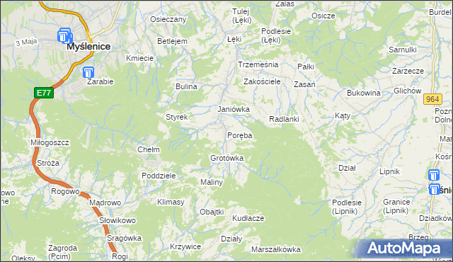 mapa Poręba gmina Myślenice, Poręba gmina Myślenice na mapie Targeo