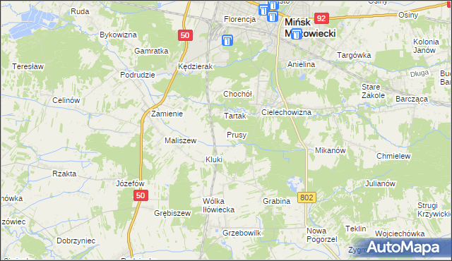 mapa Prusy gmina Mińsk Mazowiecki, Prusy gmina Mińsk Mazowiecki na mapie Targeo