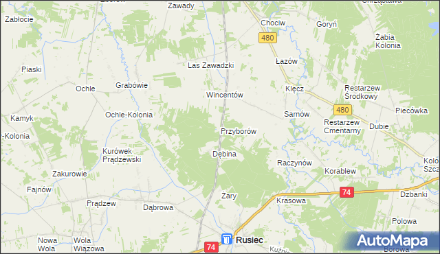 mapa Przyborów gmina Widawa, Przyborów gmina Widawa na mapie Targeo