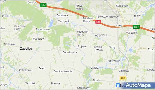 mapa Rojków gmina Zapolice, Rojków gmina Zapolice na mapie Targeo