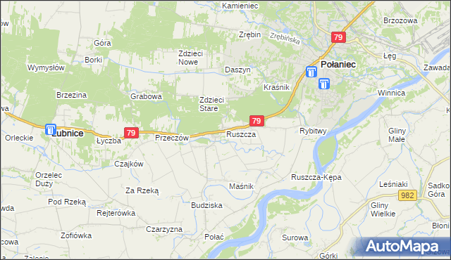 mapa Ruszcza gmina Połaniec, Ruszcza gmina Połaniec na mapie Targeo