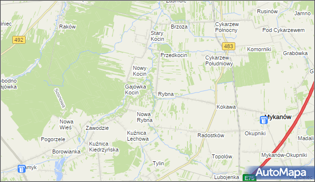 mapa Rybna gmina Mykanów, Rybna gmina Mykanów na mapie Targeo