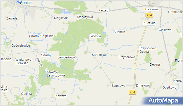 mapa Sarbinowo gmina Poniec, Sarbinowo gmina Poniec na mapie Targeo
