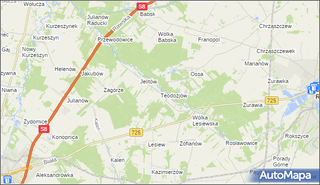 mapa Teodozjów gmina Biała Rawska, Teodozjów gmina Biała Rawska na mapie Targeo