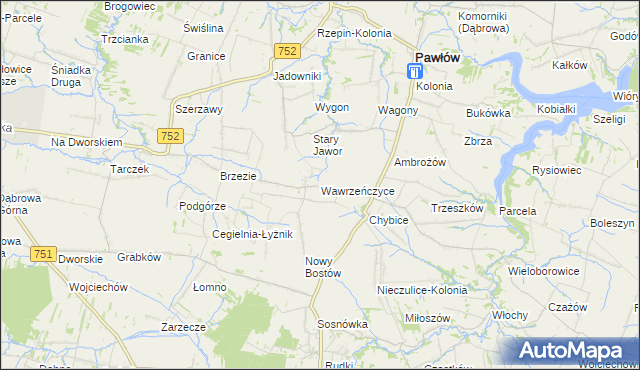 mapa Wawrzeńczyce gmina Pawłów, Wawrzeńczyce gmina Pawłów na mapie Targeo