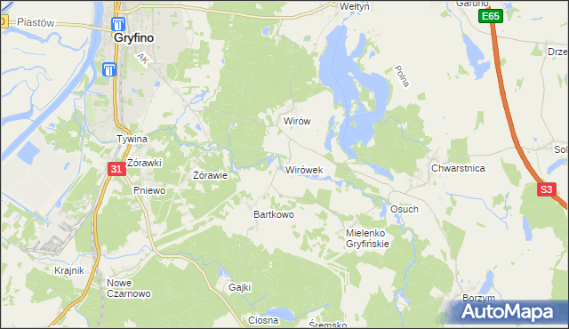 mapa Wirówek gmina Gryfino, Wirówek gmina Gryfino na mapie Targeo