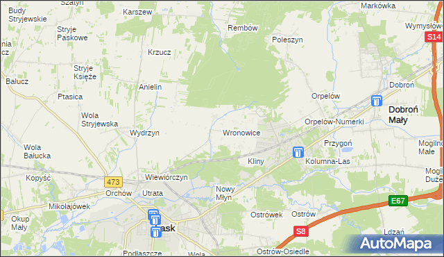 mapa Wronowice gmina Łask, Wronowice gmina Łask na mapie Targeo