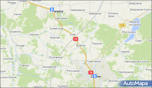 mapa Budków gmina Żarnów, Budków gmina Żarnów na mapie Targeo