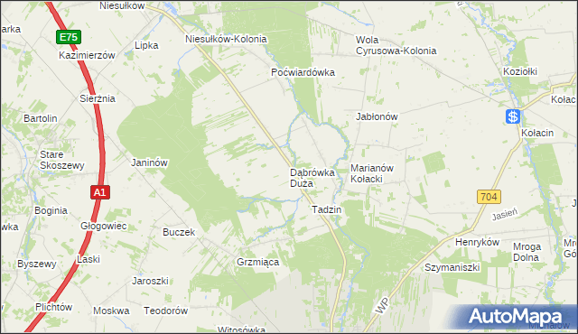 mapa Dąbrówka Duża gmina Brzeziny, Dąbrówka Duża gmina Brzeziny na mapie Targeo