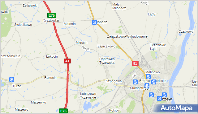 mapa Dąbrówka Tczewska, Dąbrówka Tczewska na mapie Targeo