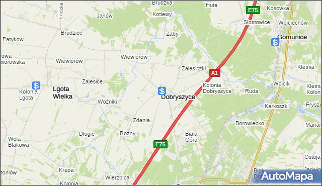 mapa Dobryszyce, Dobryszyce na mapie Targeo