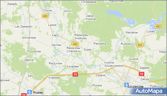 mapa Dubie gmina Szczerców, Dubie gmina Szczerców na mapie Targeo