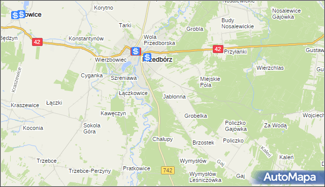 mapa Jabłonna gmina Przedbórz, Jabłonna gmina Przedbórz na mapie Targeo