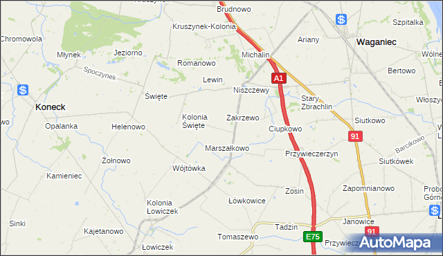 mapa Janowo gmina Waganiec, Janowo gmina Waganiec na mapie Targeo