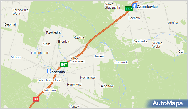 mapa Jasień gmina Lubochnia, Jasień gmina Lubochnia na mapie Targeo