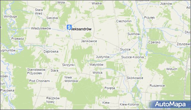 mapa Justynów gmina Aleksandrów, Justynów gmina Aleksandrów na mapie Targeo