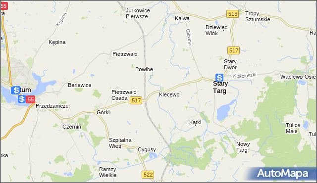mapa Klecewo gmina Stary Targ, Klecewo gmina Stary Targ na mapie Targeo