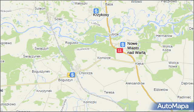 mapa Komorze gmina Nowe Miasto nad Wartą, Komorze gmina Nowe Miasto nad Wartą na mapie Targeo