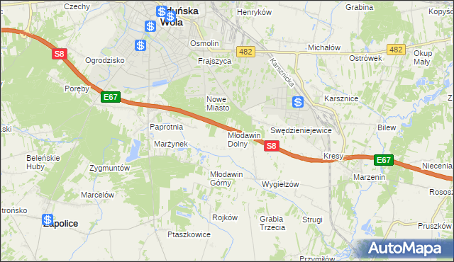 mapa Młodawin Dolny, Młodawin Dolny na mapie Targeo