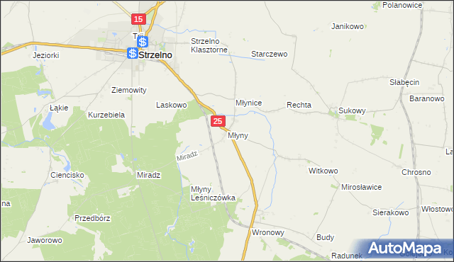 mapa Młyny gmina Strzelno, Młyny gmina Strzelno na mapie Targeo