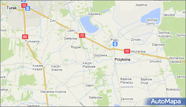 mapa Olszówka gmina Przykona, Olszówka gmina Przykona na mapie Targeo